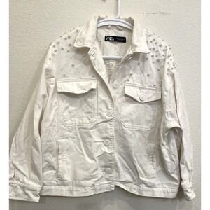 ZARA White Jean Jacket Size Medium Beaded Pearls Trucker Coat Denim Preppy